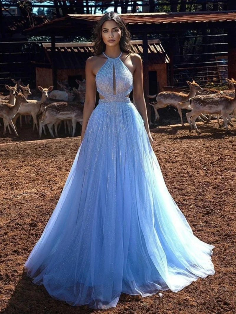 فساتين سهرة مخيطة يدويًا على شكل حرف a رسن الإصلاح الساخن ترتر حجر الراين مطرز الوهم رشيقة فستان حفلات مناسب شخصي