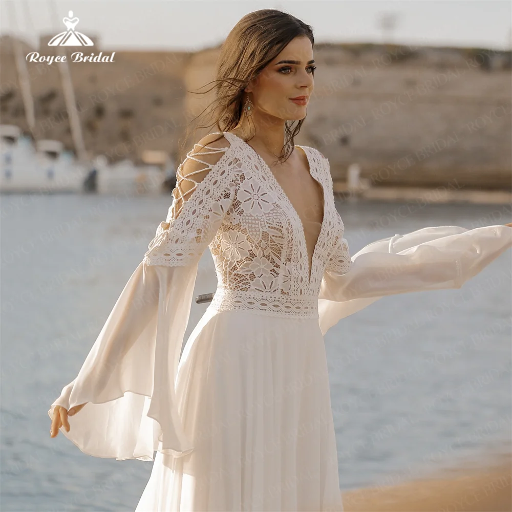 Vestidos de novia bohemios personalizados, gasa con cuello en V, línea A de encaje, manga larga, volantes escalonados, espalda abierta, vestidos de fiesta