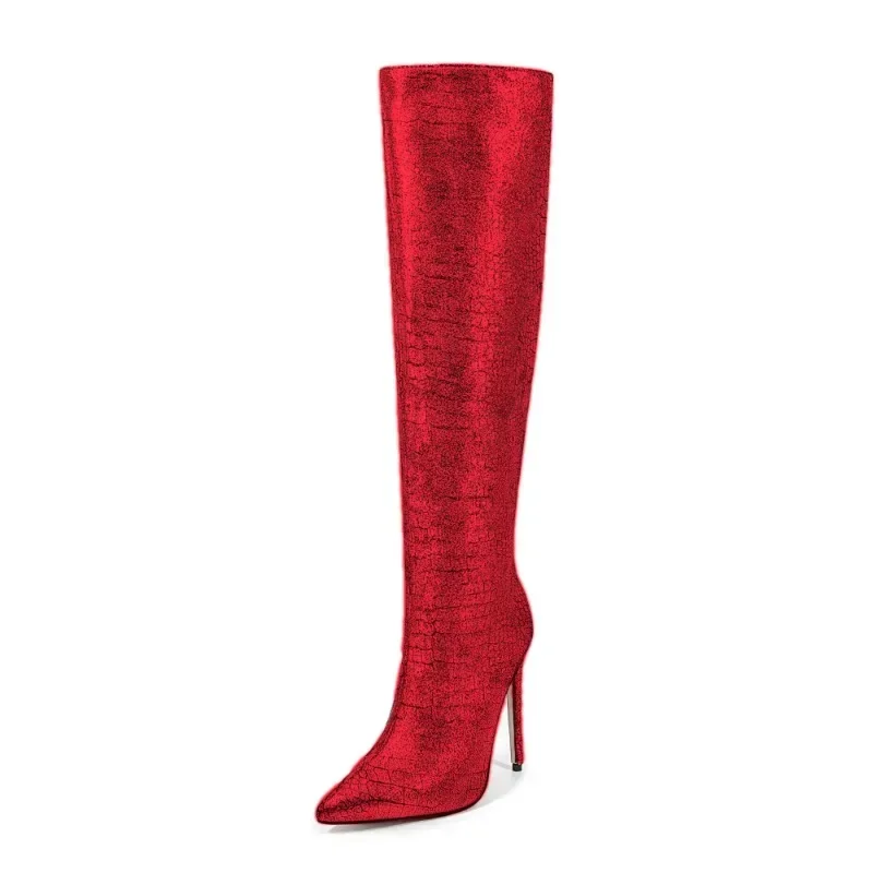 European and American Style Ultra-fine Heel Burst Metal Snake Patterned Knee High Boots Silver Red Thigh High Top Women's Boots