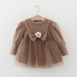 Spring And Autumn Baby Long Sleeve Dress Girl'S Beautiful Flower Mesh Panel Bubble Sleeve Skirt Toddler Comfortable Clothes