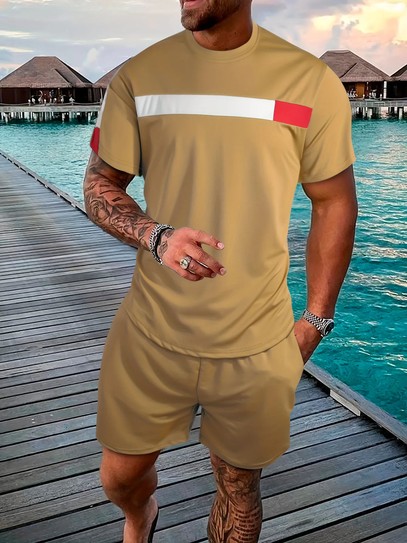 

Mens Stylish Colorblock Casual Wear Set 2-Piece Short Sleeve T-Shirts & Drawstring Short Breathable Comfort for Everyday Fashion