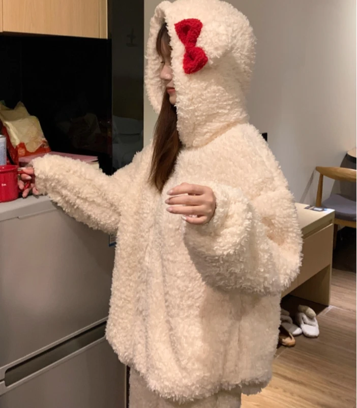 كبيرة الحجم الشتاء النساء سميكة مقنعين المرجان بيجامة من الصوف مجموعة 2025 جديد الحلو فضفاض الدافئة الحد من العمر مريحة المتسكعون #2