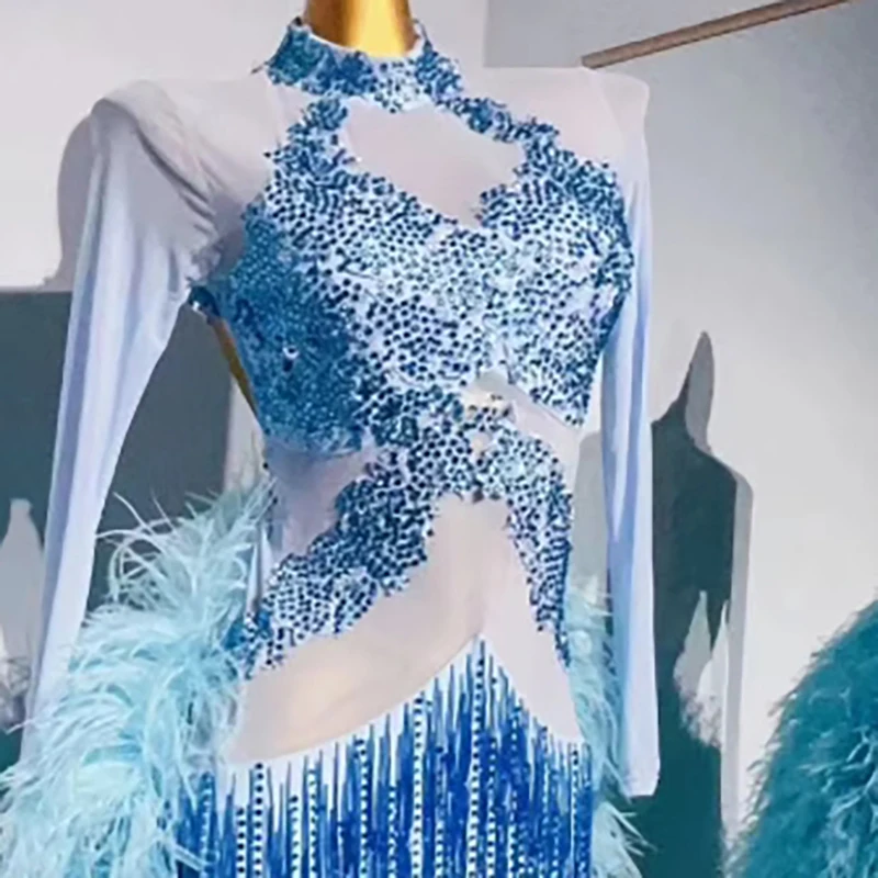 Latin Dance Women's High end Customized Mesh Fluffy Tail Flower Clothing Samba Art Performance Clothing High Flash Dress