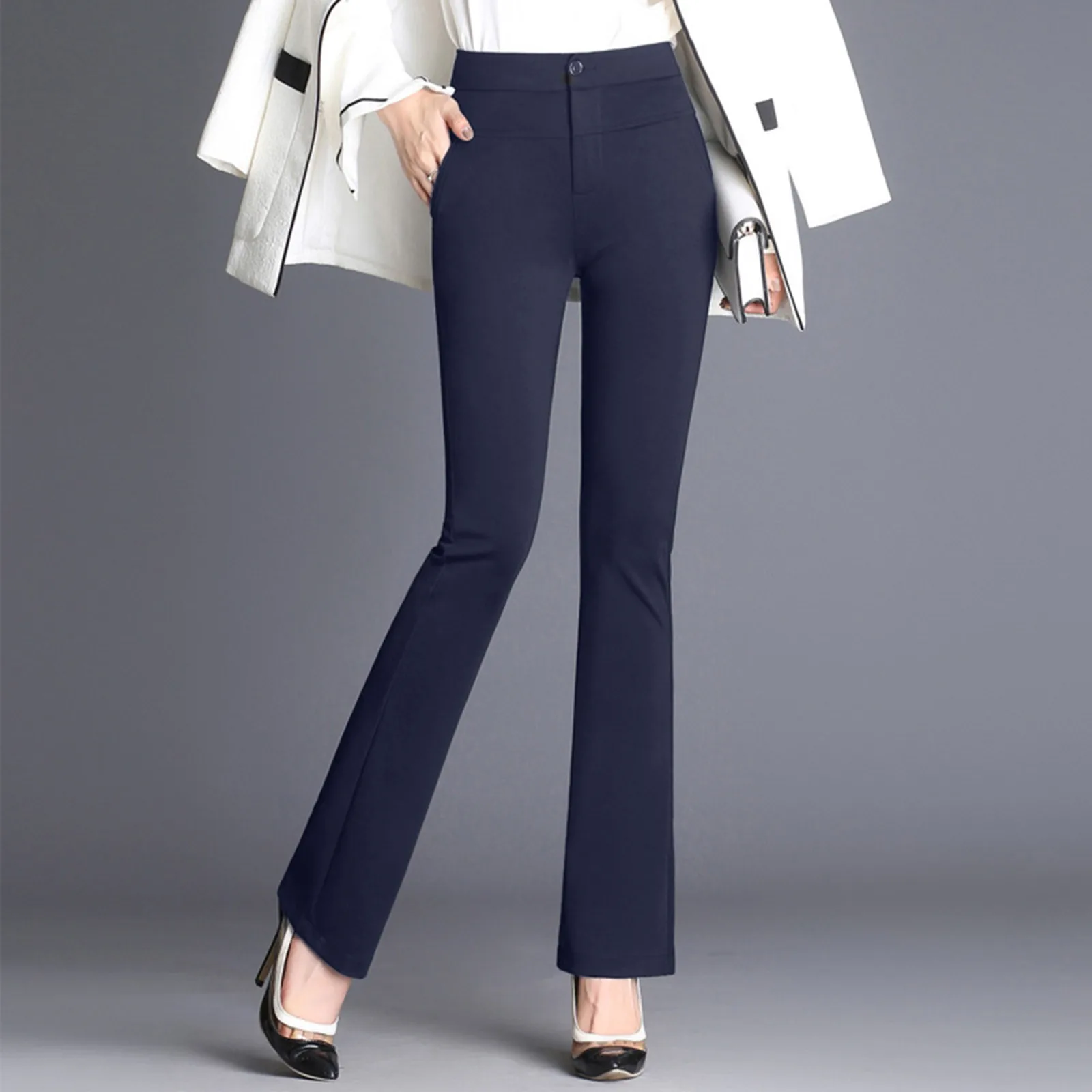 Spring Autumn Casual Button Elastic Mid Waist Black&Navy Blue Straight Trousers Office Lady Quick Drying Suit Pants Female Wear