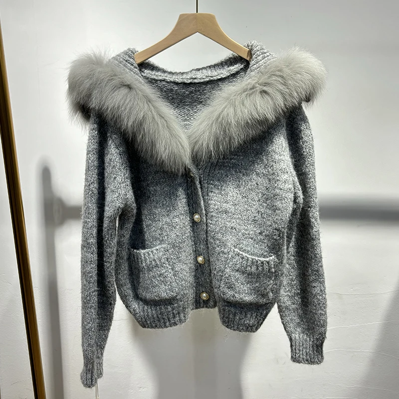 

2025 Women Winter Thick Light Grey Real Fox Fur Collar Loose Short Sweater Girl's Luxury Fur Sweater Jacket Coat