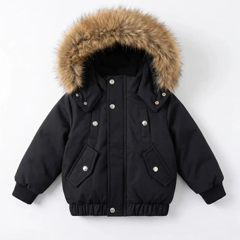 Boys Girls Thickened Coats Winter Children Cotton Jackets with Detachable Large Fur Collars Kids Warm Parkas Toddler Outerwear