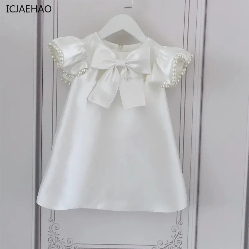 

Baby Girls A-Line Satin White Dresses Matching Kids Christening Clothes Pearl Beading Princess Big Bow Outfit Children Costumes