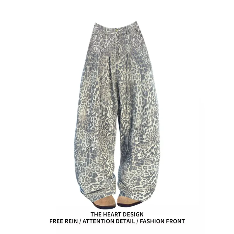 

Женские джинсы с леопардовым принтом в американском стиле ретро, уличная одежда, свободные прямые брюки в стиле хип-хоп, новинка 2025, широкие джинсовые брюки Y2K