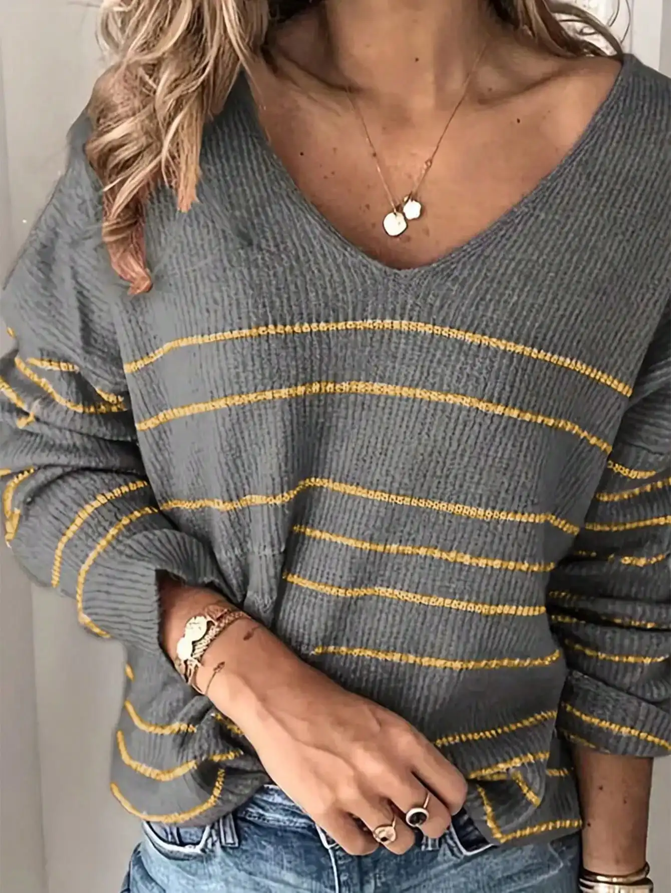 Autumn Winter New Women Elegant Casual V-Neck Long Sleeve Striped Loose Female Sweaters Pullover Tops