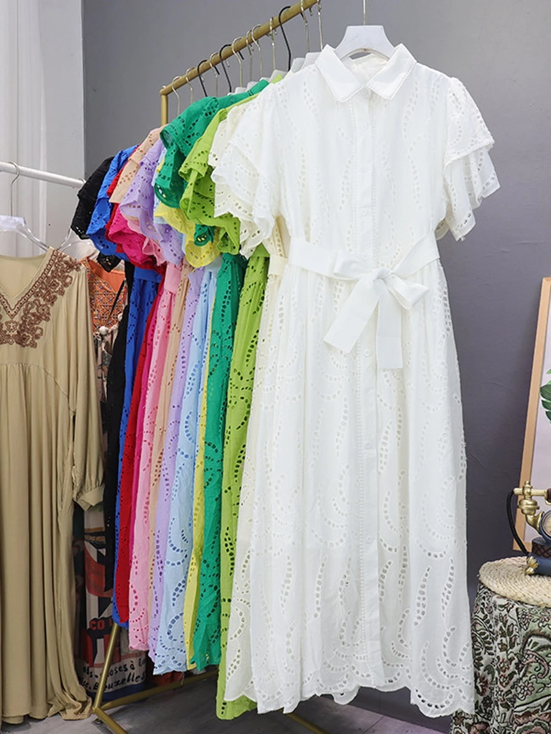 Women's Embroidered Hollow out Dress Stand Collar Waist Cinched Belted Slimming Versatile Shirt Dress LQ758 Summer 2026
