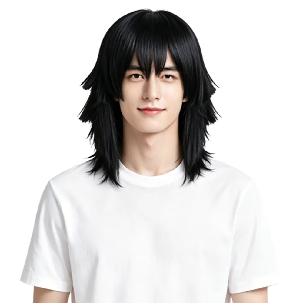 Obanai Iguro Cosplay Wig Black Short Straight Layered Serpent Hashira Heat Resistant Wig For Men Women Anime Party Daily Use