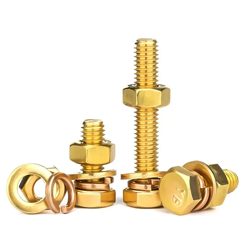 M3-M16 Solid Copper Hex Head Bolt Nut Washer Set / Full Thread Outer Hexagon Screws Kit with Matching Fasteners