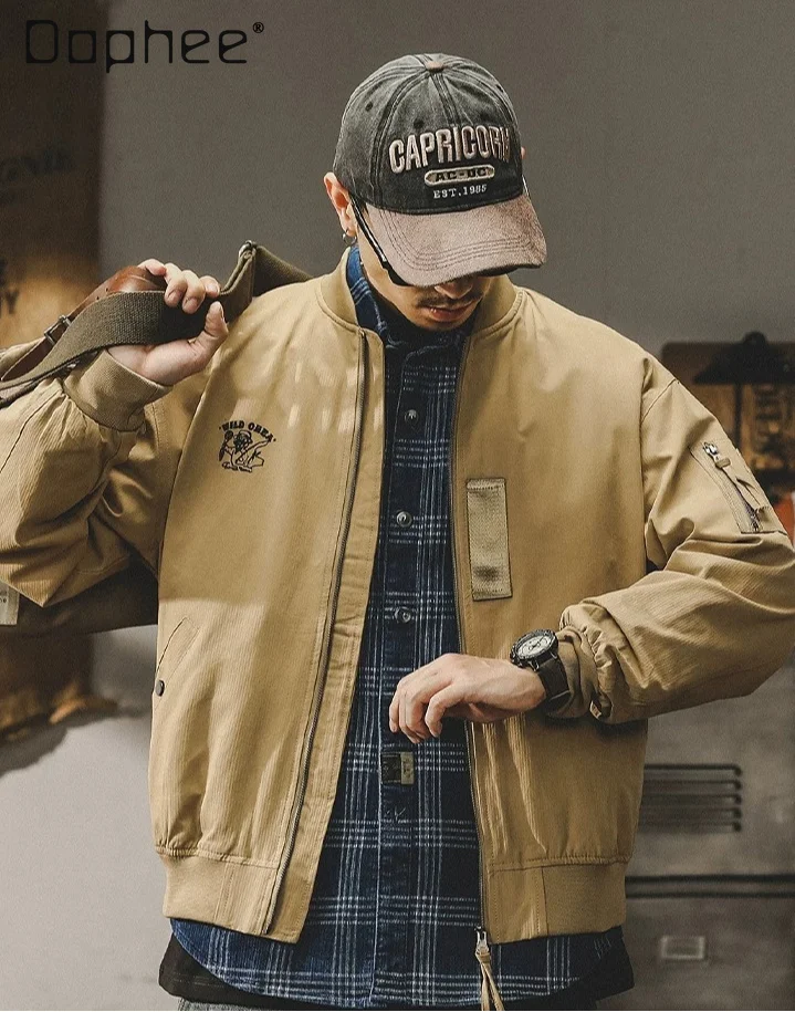 

2026 Spring Autumn New American Retro Men Loose Casual Khaki Beige Army Green Black Cartoon Figure Print Baseball Jacket