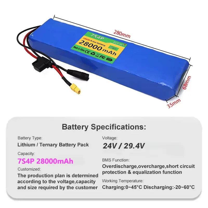 Rechargeable Lithium Battery 24V 28000mAh 18650 Battery 7S4P Compatible with Charger 15A BMS+29,4V 250W/500W