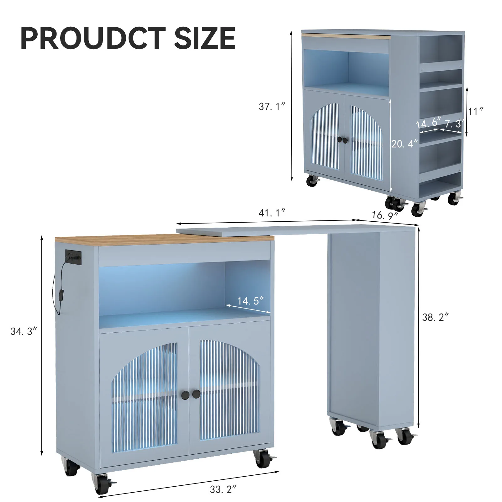 جزيرة المطبخ المتداول مع مساحة تخزين على عجلات مع منافذ طاقة بإضاءة LED، طاولة ممتدة MDF، عربة تخزين المطبخ الدوارة #5