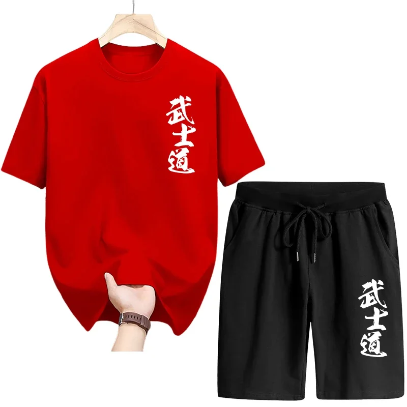 

Summer Hot Sale Men's Tracksuit Bushido Print Cotton T-shirts Quick-dry Shorts Gym Fitness Exercise Sportswear Urban Fashion Set