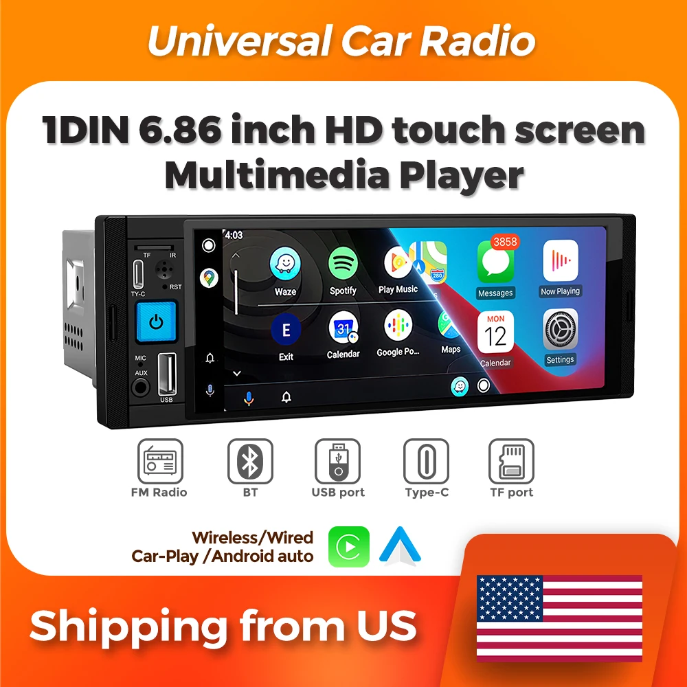 

MEKEDE 6.86 inch 1Din Universal Carplay Android Car Radio Multimedia with BT FM Stereo USB Type-C Plug Car Radio Head Unit