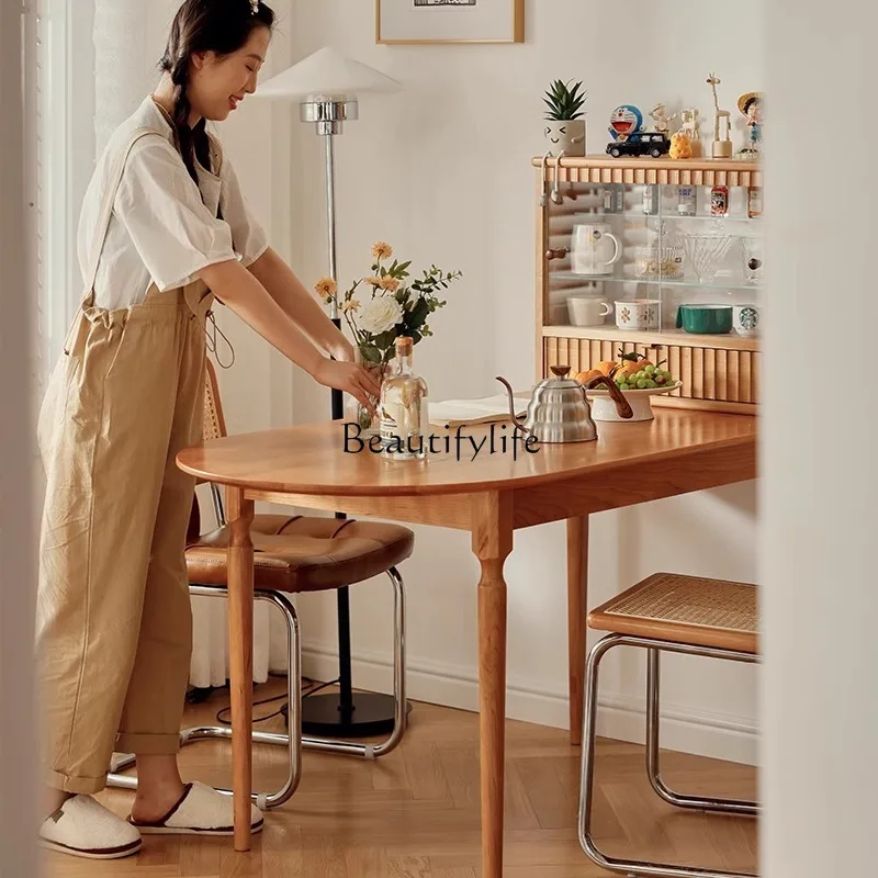 Nordic solid wood peninsula log dining table island table against the wall Japanese retro cherry wood simple oval dining table