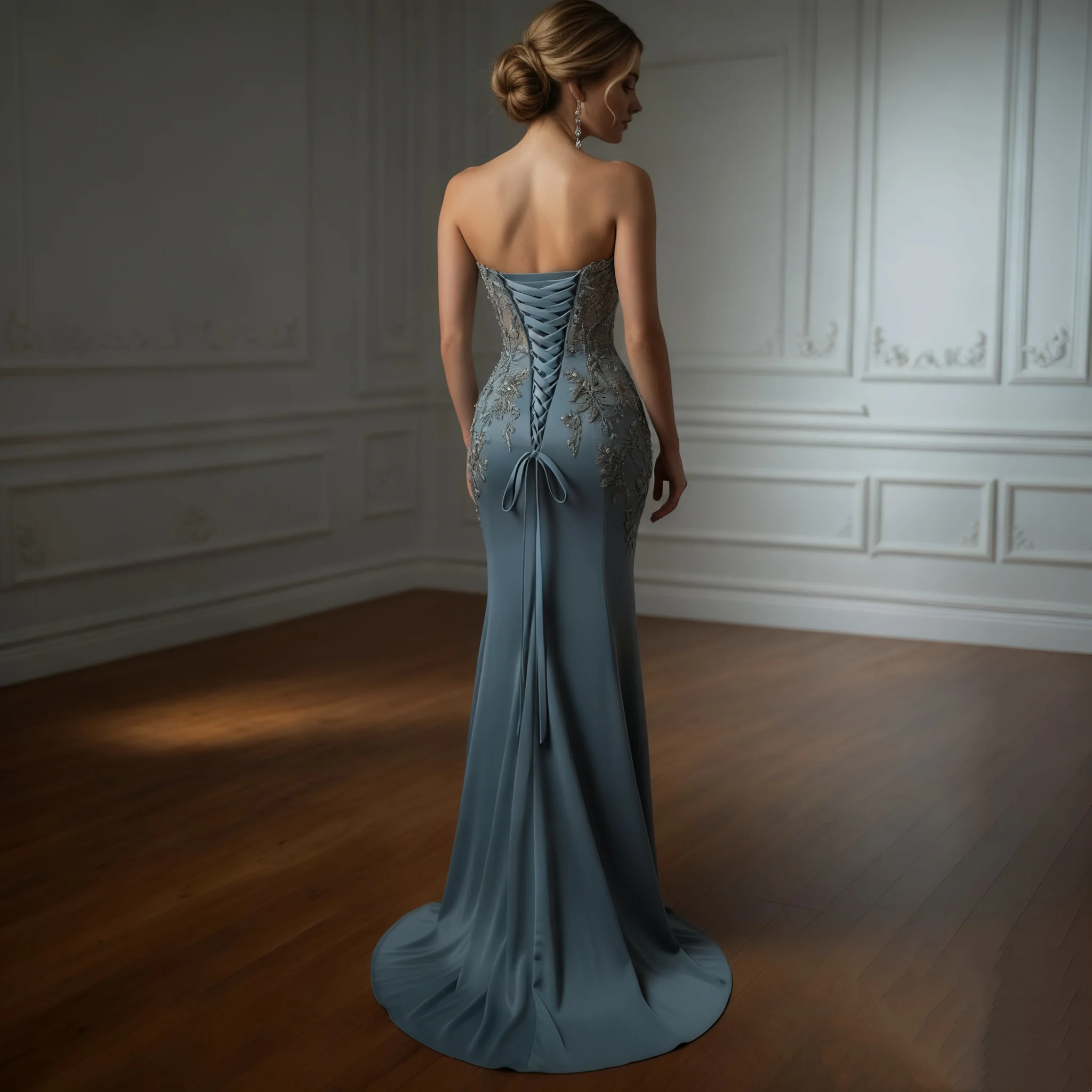 라이트 블루 새틴 이브닝 드레스 스윗하트 머메이드 공식 행사 드레스 우아한 꽃무늬 아플리케 비즈 장식 프롬 가운 맞춤 제작