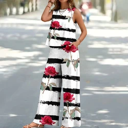Fashion New Women's Black And White Striped Pattern Rose Print Sleeveless Undershirt Pants Suit Leisure Bohemian Two-piece Suit