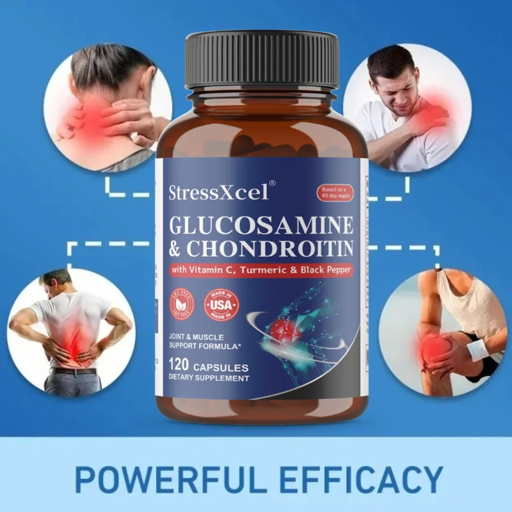 Glucosamine Chondroitin Joint Support Supplement, 120 Capsules - with Turmeric, Black Pepper, for Mobility and Flexibility