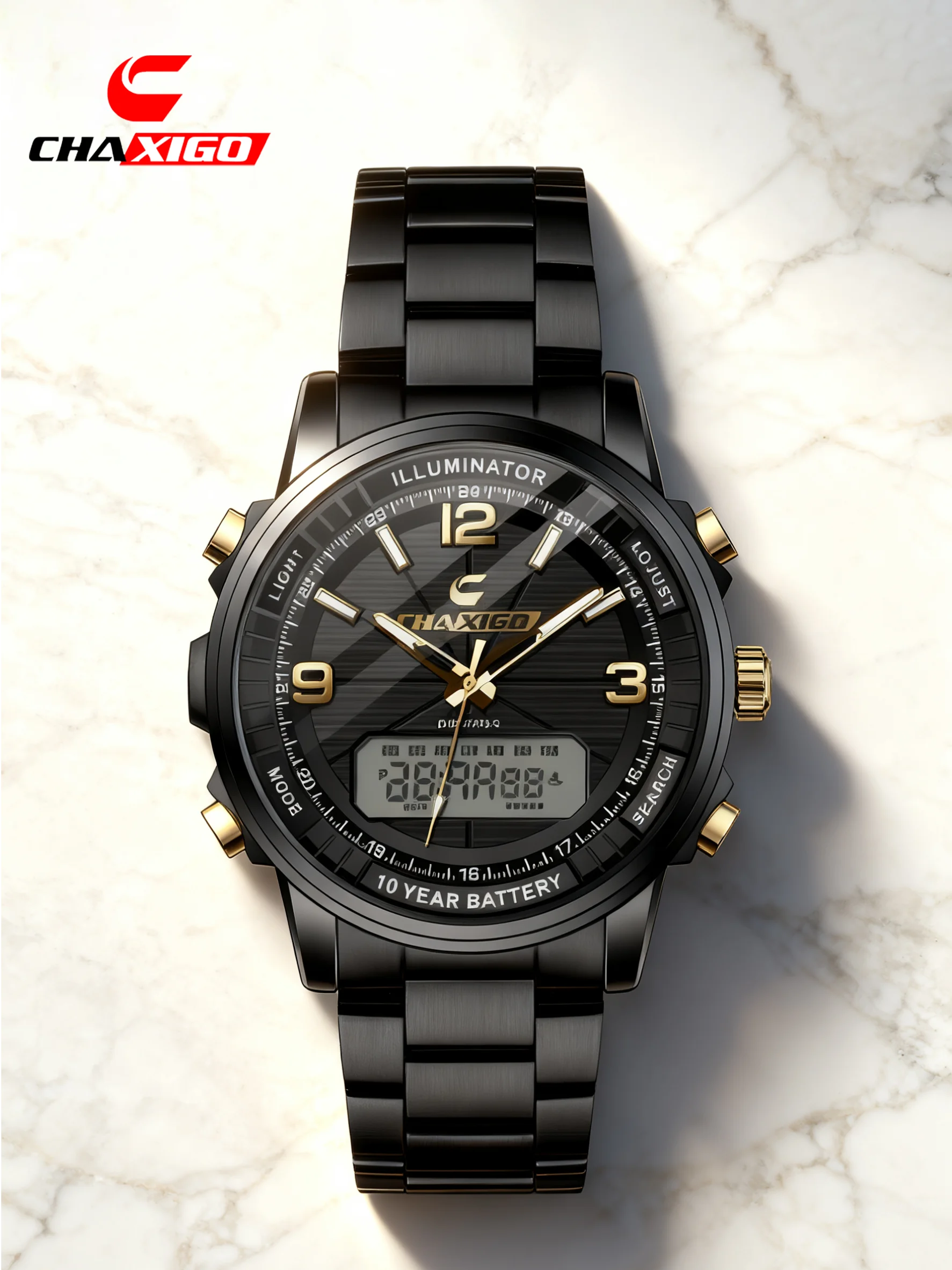 

CHAXIGO Men's Stylish Business Stainless Steel Watch Analog/Digital Display 3ATM Water Resistance Multifunctional Watch