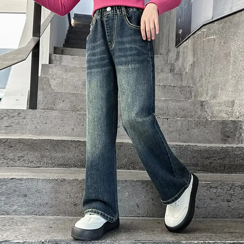 Nieuwe Lente Rechte Jeans Voor Meisjes Elegante Boog Leuke Denim Broek Zoete Strik Stretch Cool Kind Jeans Broek 5 7 9 11 13 14 T