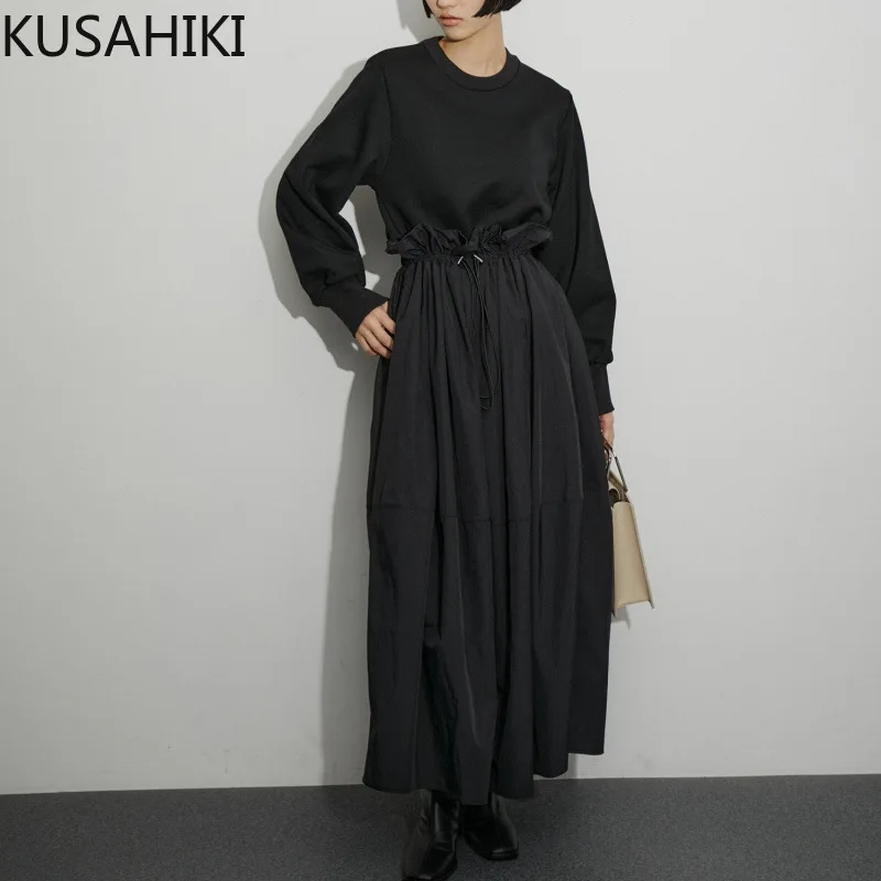 KUSAHIKI Fashion Splicing coulisse Ruffle a vita alta causale felpa con cappuccio vestito 2024 autunno nuova t-shirt lunga Vestidos De Mujer