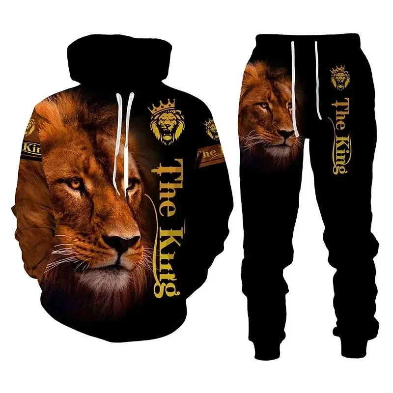 New Autumn and Winter New Lion Hoodie Suit 3D Printed Men\'s Sportswear 2PK Set Men Oversize Pullover Fashion Men\'s clothing Suit