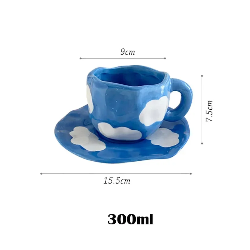 300ML Blue Sky and White Clouds Coffee Cup Tableware Set Hand-painted Ceramic Mug Milk Breakfast Cup Cute Coffee Tableware