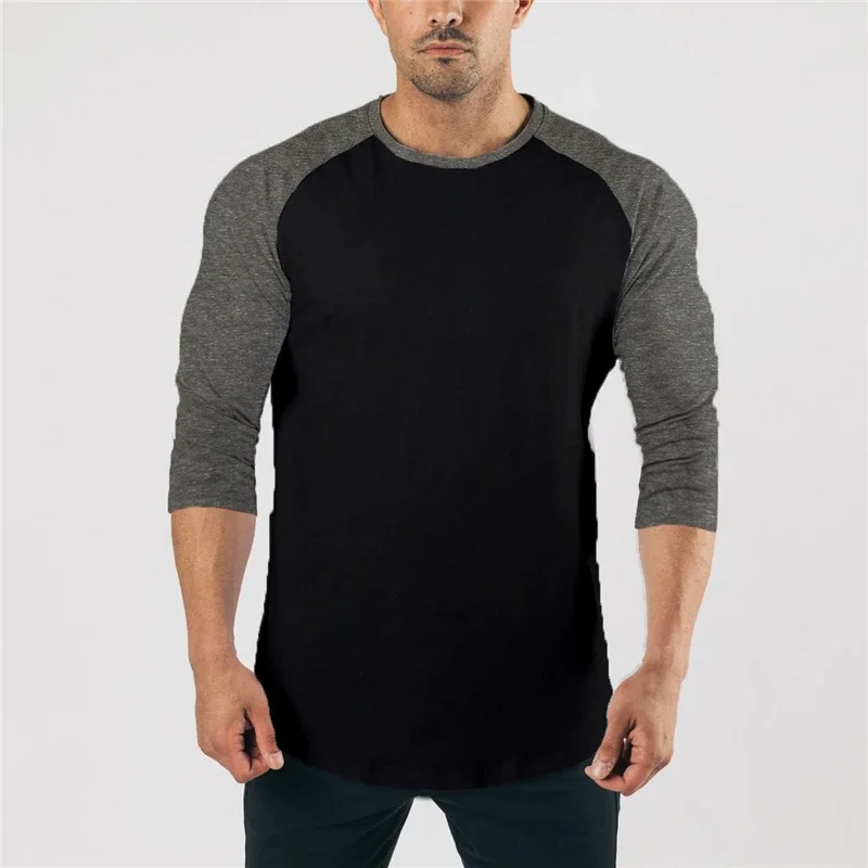 Three Quarter Sleeve T shirt Mens Autumn Spring Fashion Cotton Patchwork Silm Fit Gym Clothing Fitness T-shirt Sports Tshirt