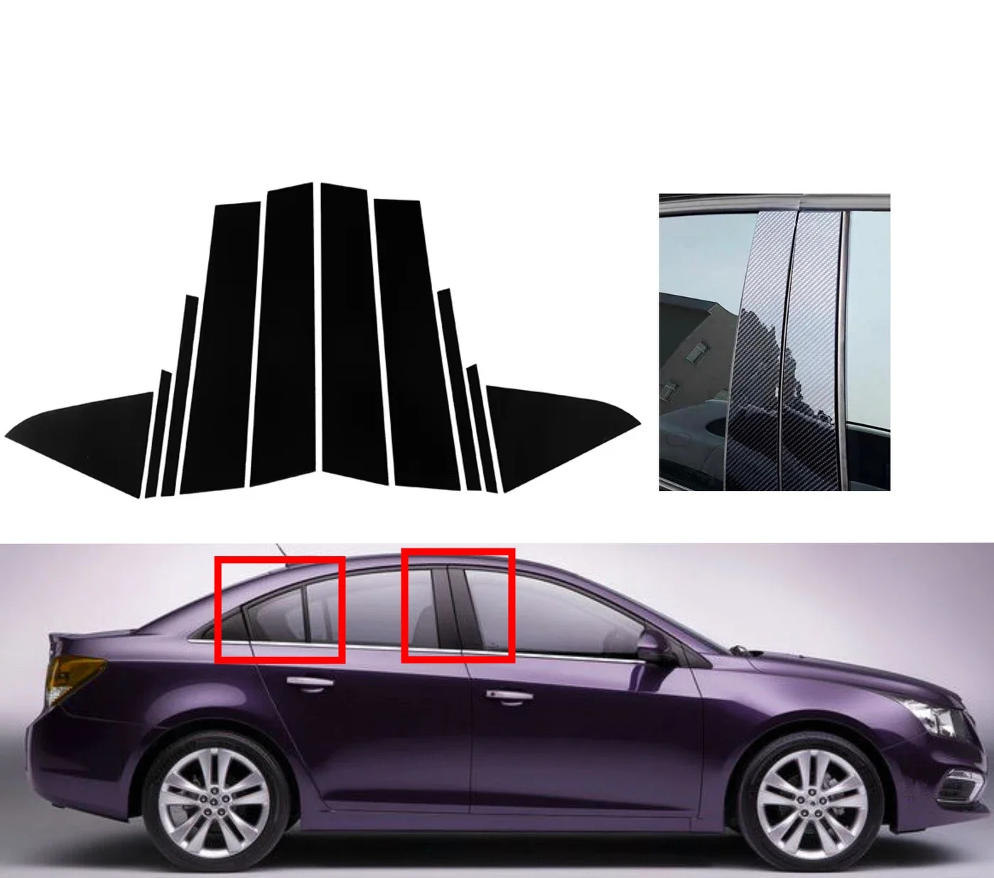 

Fit For Chevrolet Cruze 2011 2012 201 2013 2014 2015 10PCS Glossy Black Pillar Posts Silver Carbon Window Decor Cover Door Trim