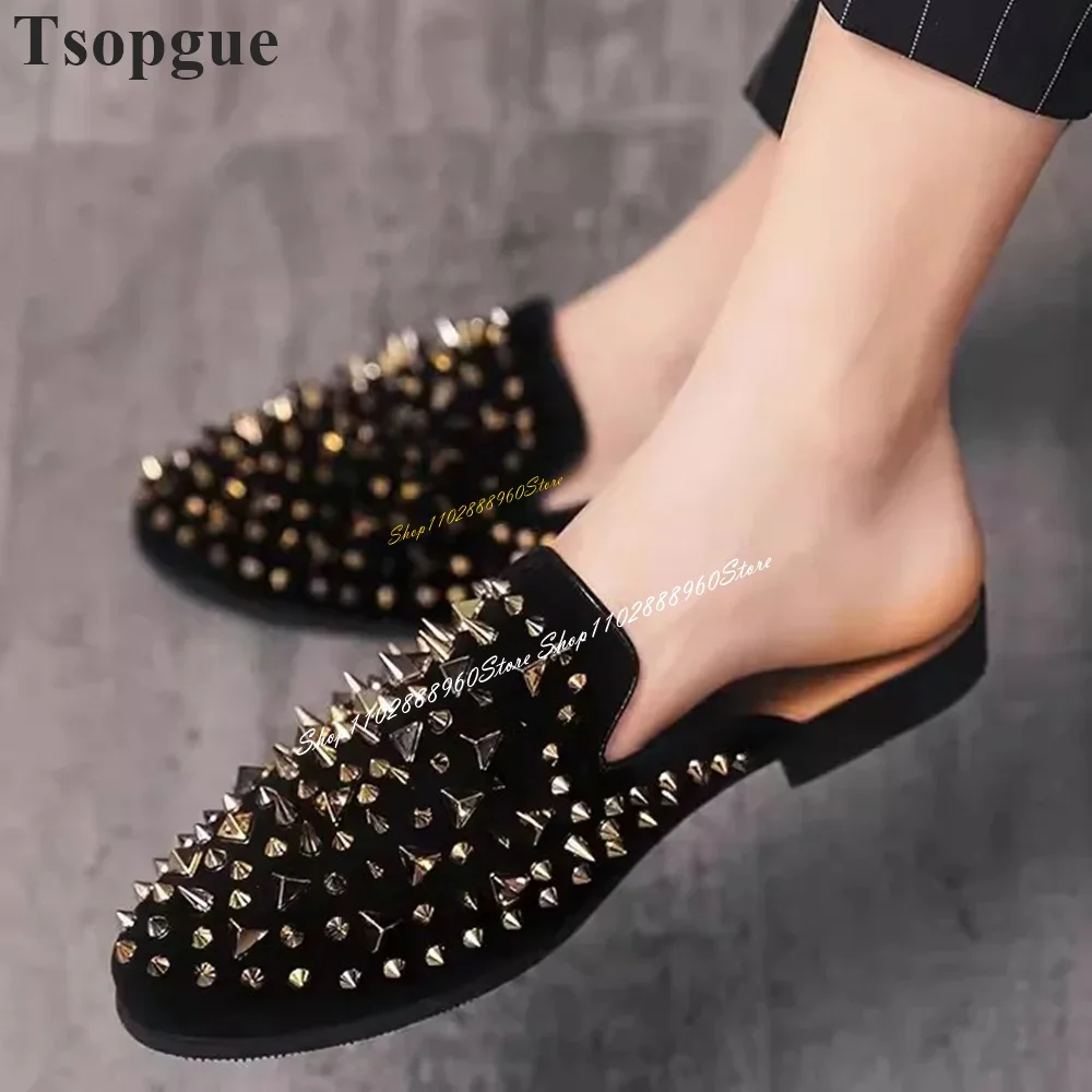 

Luxury Black Rivet Decor Stylish Men's Half Slippers Men Shoes Slip On Runway Casual Party Shoes 2024 Fashion Zapatillas Muje