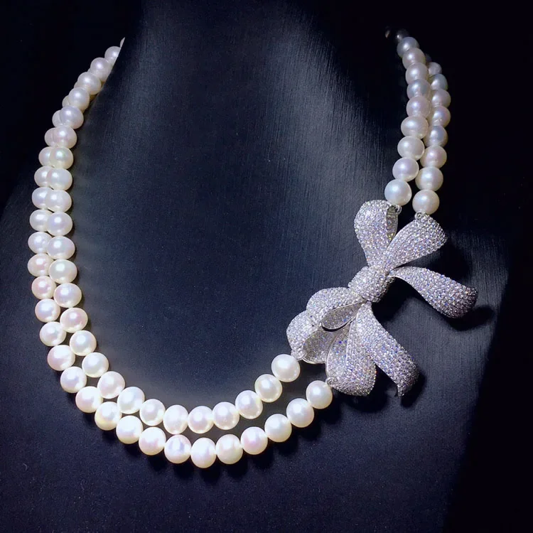 natural hand woven pearl 8-9mm fresh water with zircon micro inlay Bowknot necklace  Bracelet