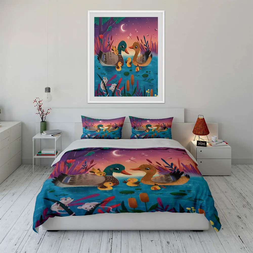 Ducks family in serene evening lake Print Soft Comfortable Duvet Cover Bedding Set Included 1*Duvet Cover  2*Pillowcases