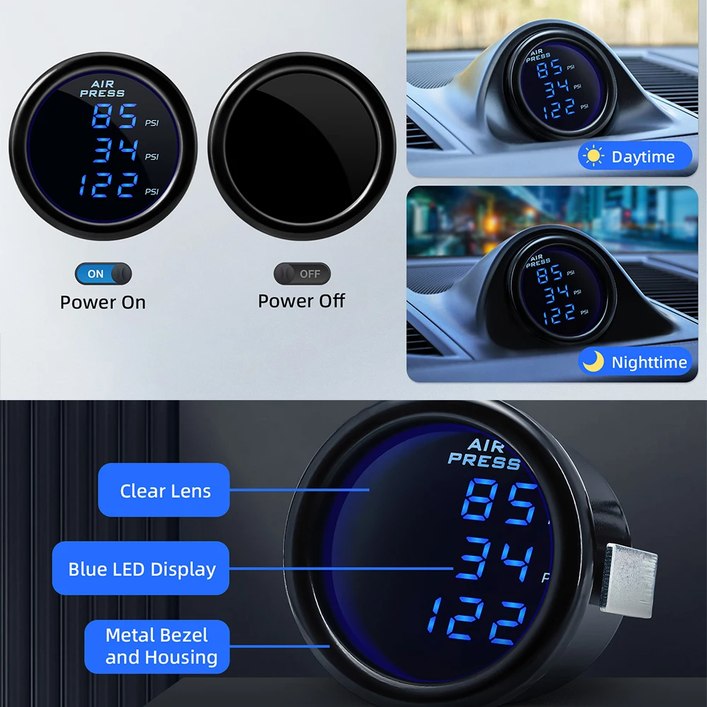 

0-220PSI LED Digital Air Suspension Gauge Triple Display Air Pressure Guage with 2pcs/3pcs 1/8NPT Sensors Air Pressure Gauge