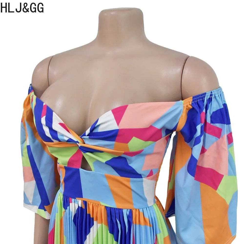 HLJ&GG Fashion Printing Hollow Out V Neck Pleated Dresses Women Short Sleeve Backless A-line Vestidos Spring New Ruched Clothing