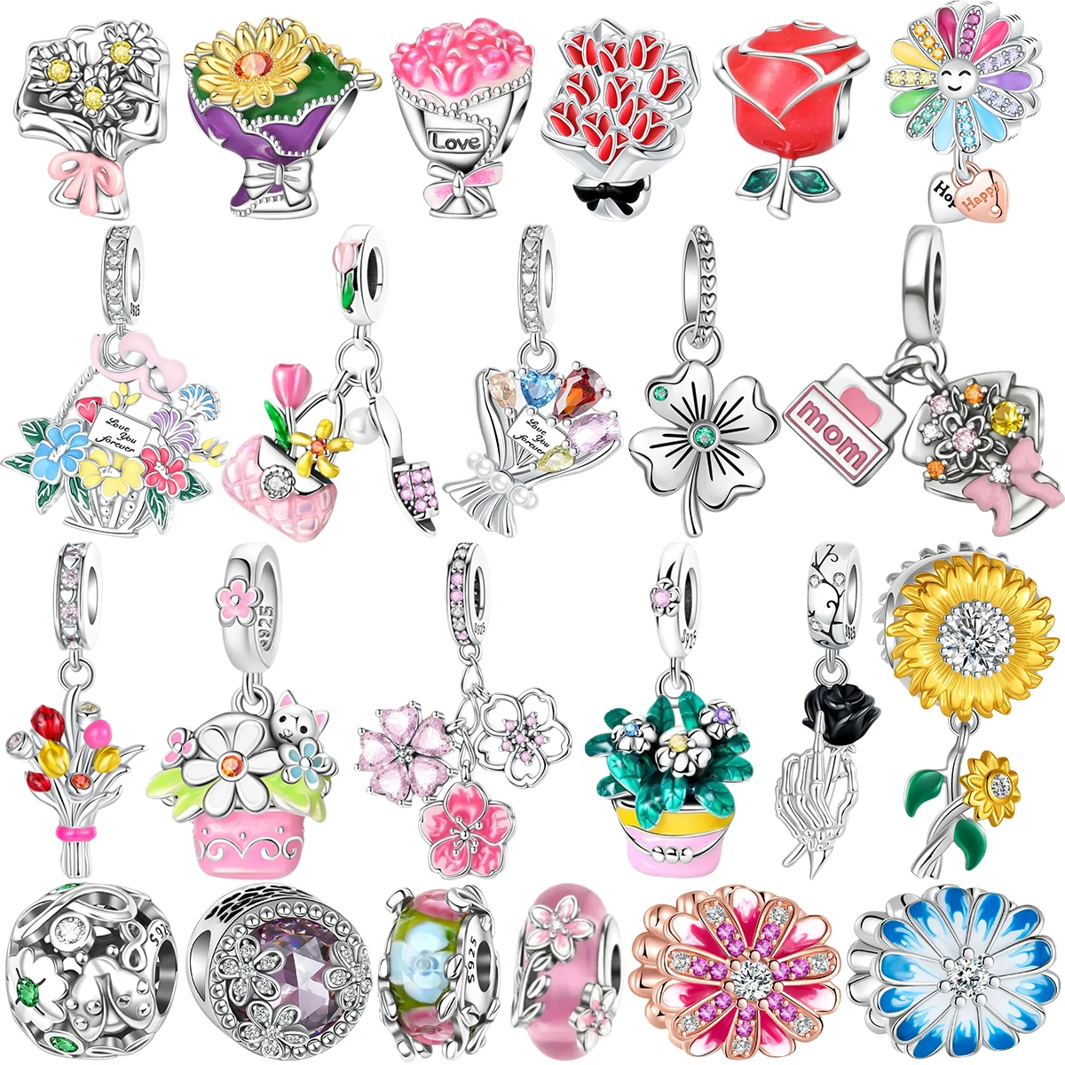 Romantische Blumen-Charms aus 925er Silber, Blumenstrauß, Rose, Sonnenblume, Kleeblatt, Liebe, Mutter, Vase, passend für Armbänder, Schmuck, Geschenk für Frauen, Muttertag