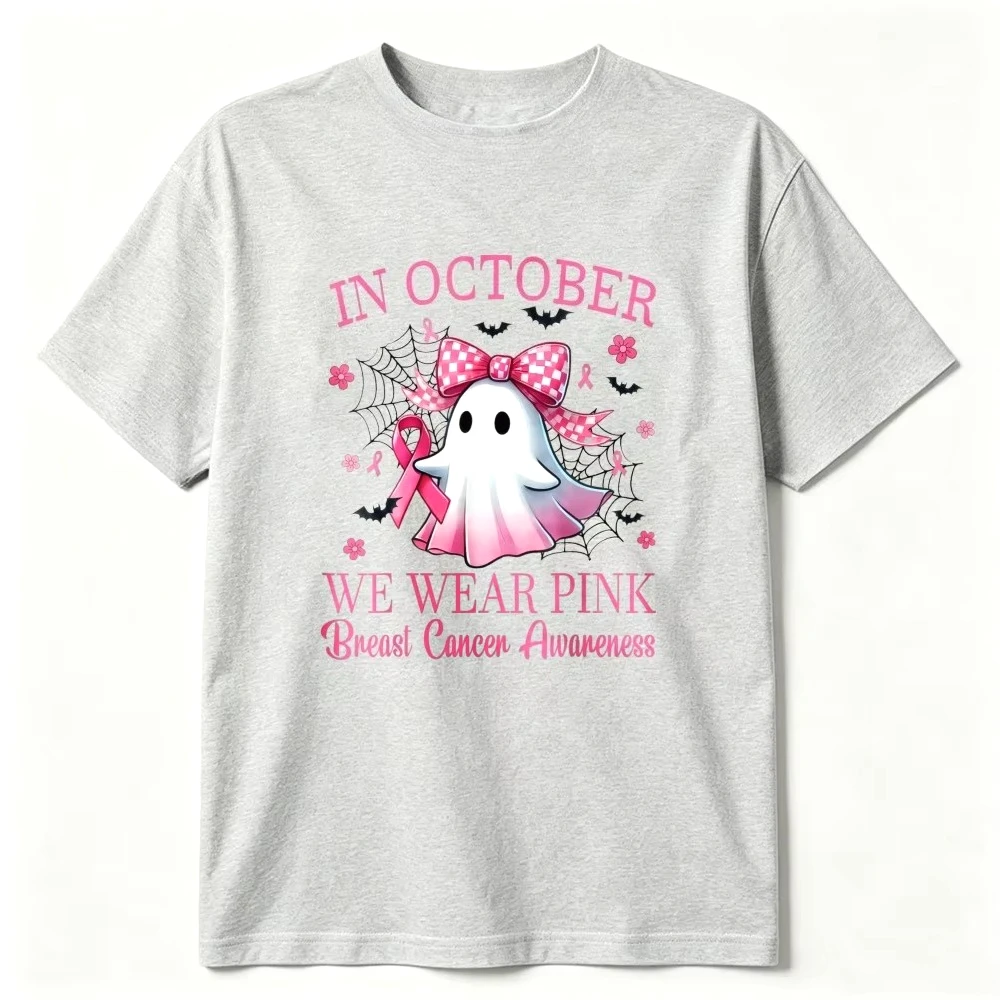 Obergrößes T-Shirt für Damen mit Oktober-Pink-Geist-Motiv, Kurzarm-Oberteil zur Brustkrebsprävention, süßes Halloween-Geist-Awareness-Promotion-T-Shirt, Unisex – Detail 6