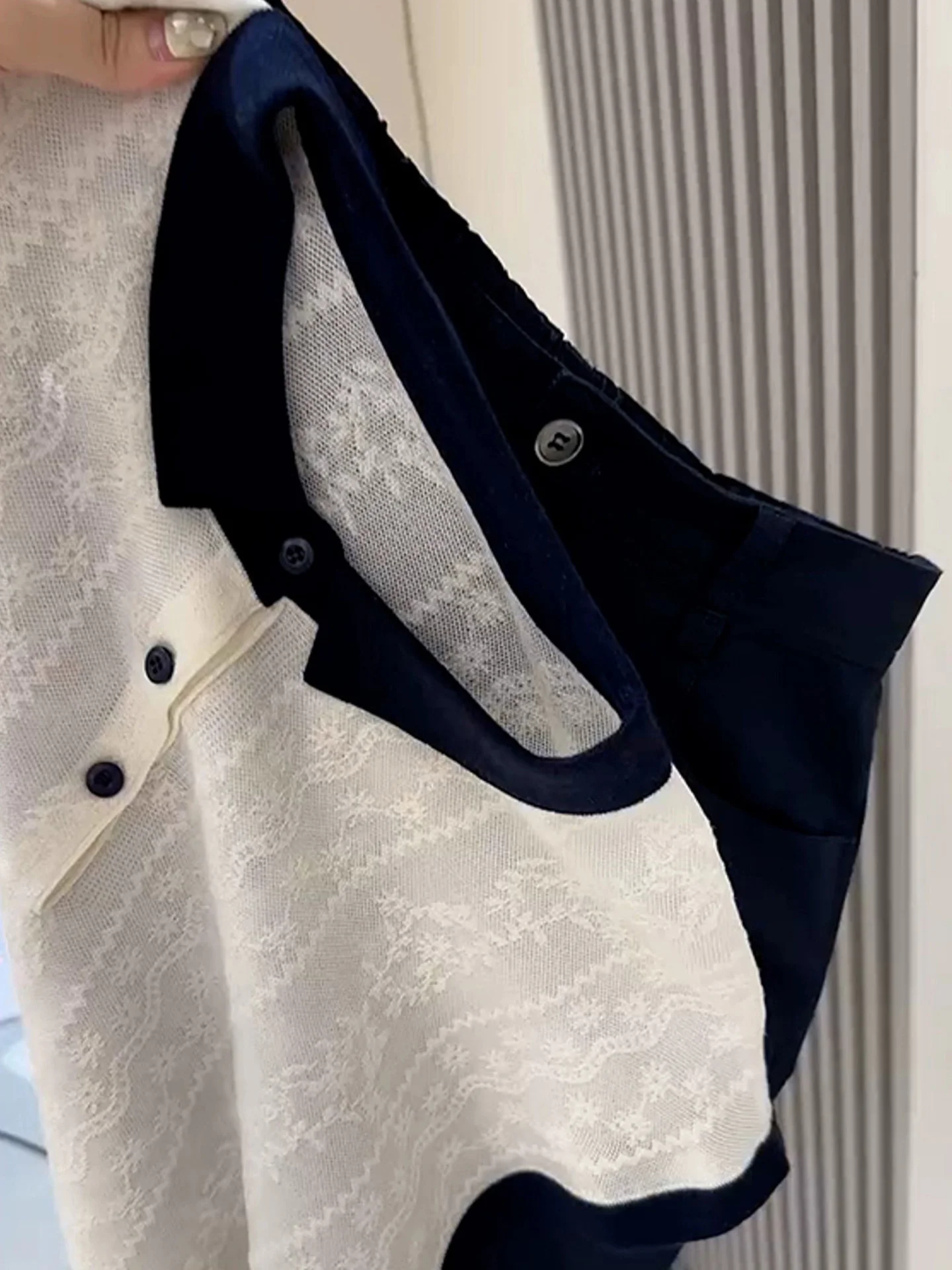 

Summer 2026 Ice Silk Knitted Top Women's Commute Fashion Age Reduction Short Sleeve Splice Knitwear Korean Style Straight Cut