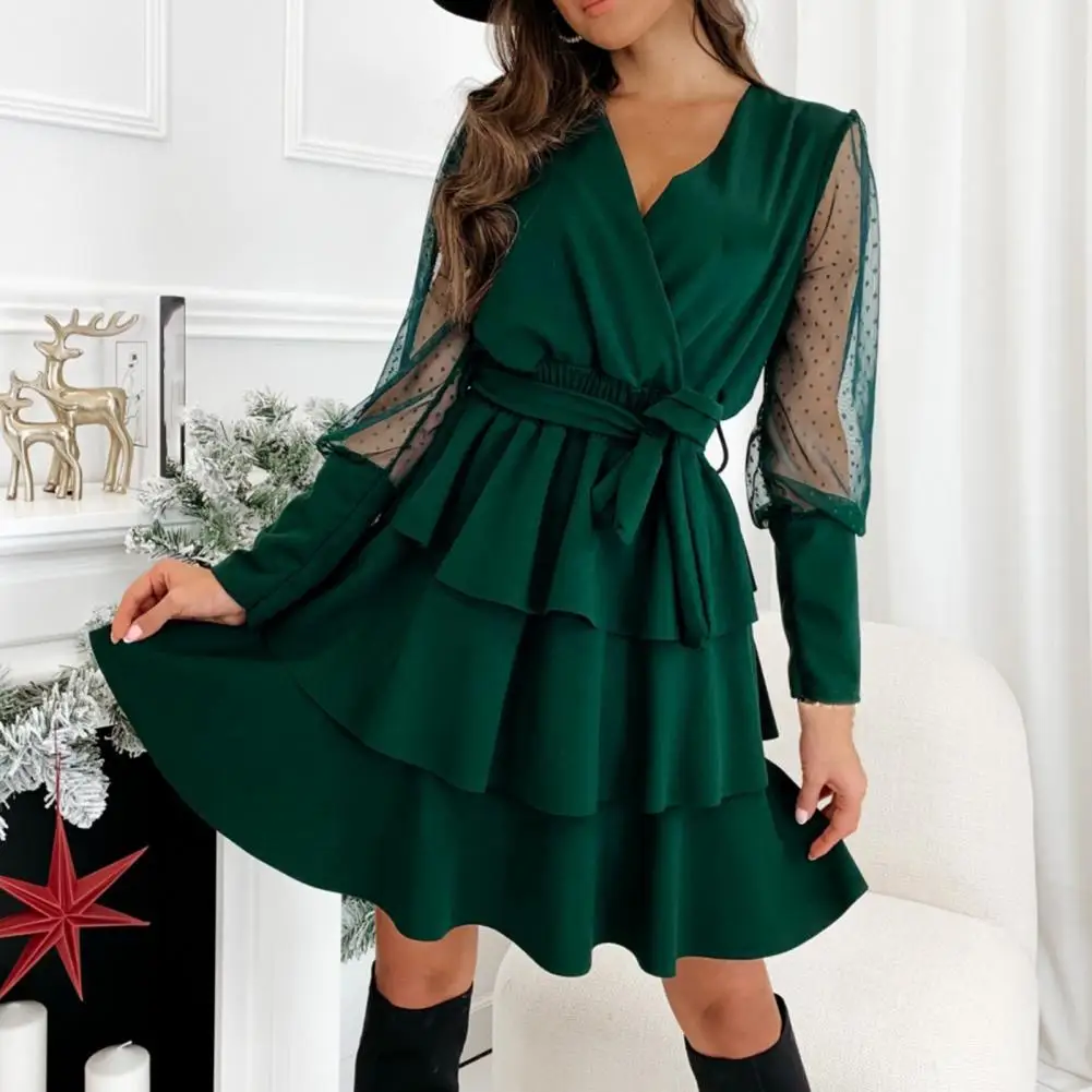 Women Dress Ruffles Cake Hem Sexy Solid Color See Through A-line Solid Sashes Mini Dresses for Wedding Banquet Daily Wear