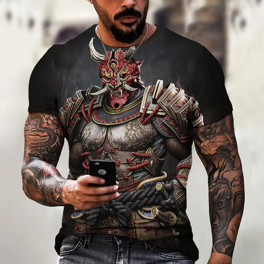 Retro Men's T-Shirt 3d Japanese Ghost Warrior Print Male Clothing Street Harajuku Short Sleeve Top Tees Daily Casual Sweatshirt