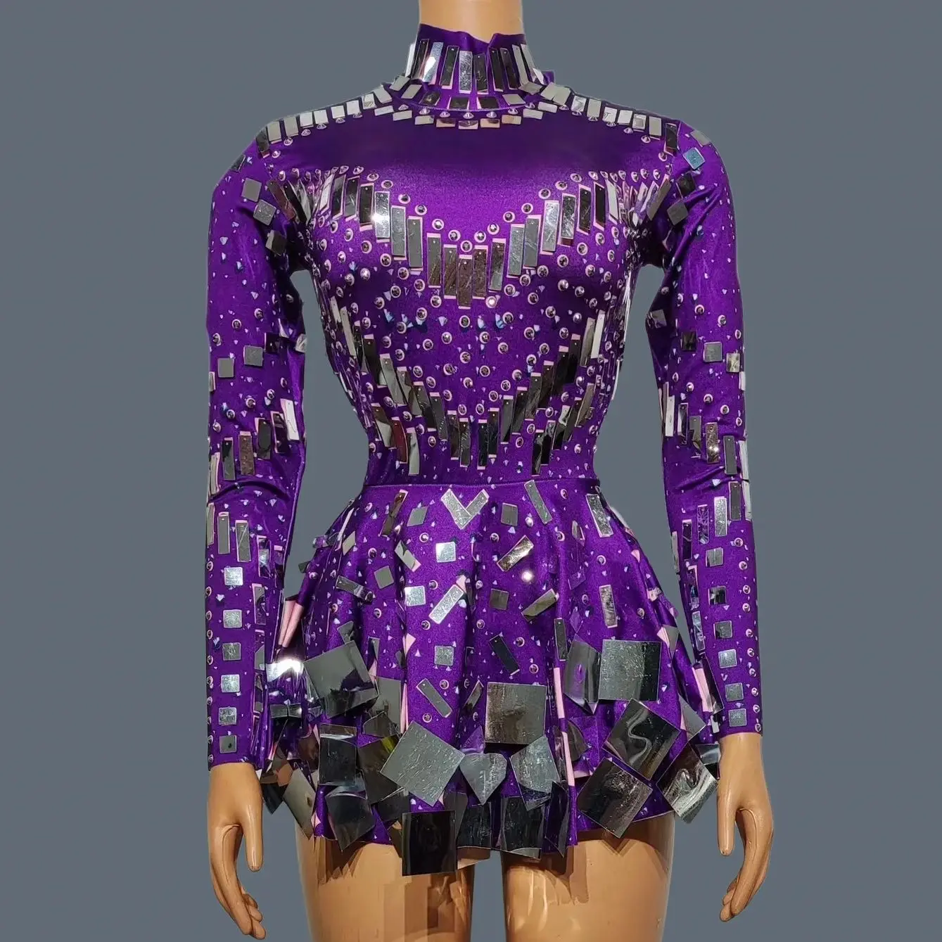 

Sexy Spandex Sparkly Rhinestones Long Sleeve Mini Dress for Women Dance Costume Birthday Celebrate Party Show Stage Wear Xieshi