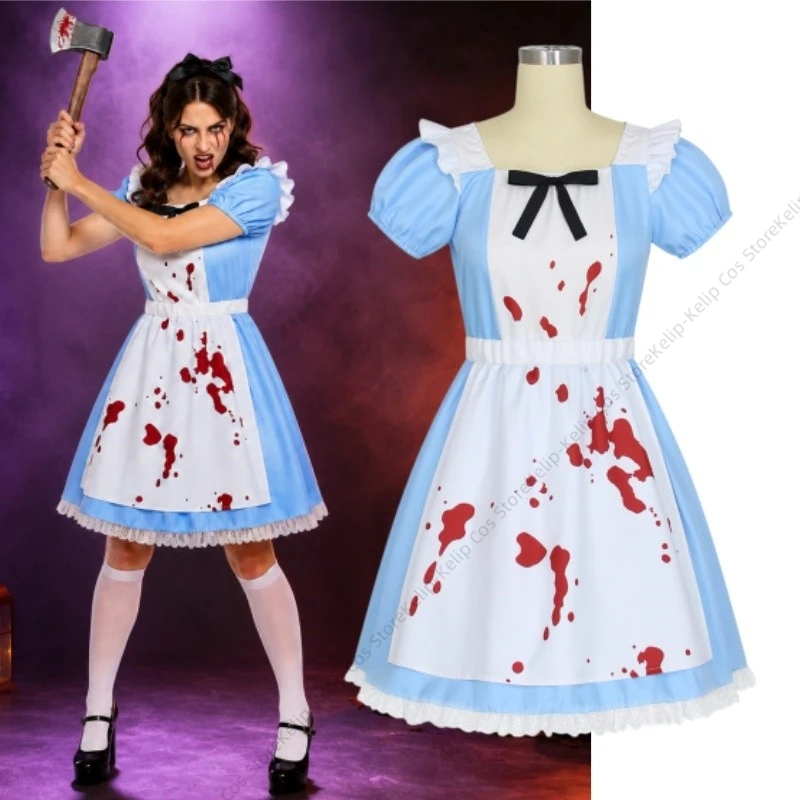 Bloody Maid Cosplay Costume Light Blue Puff Sleeve Dress White Apron Horror Halloween Carnival Stage Performance Party Outfit