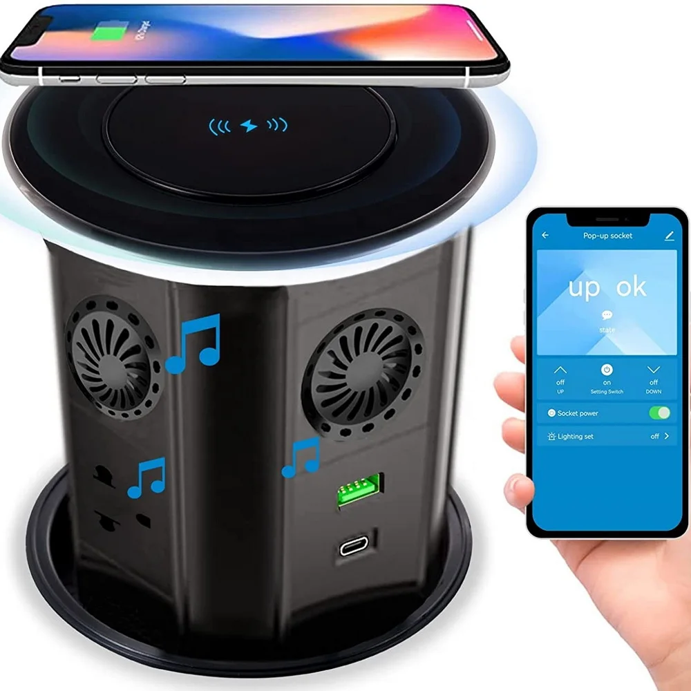 

Встраиваемая автоматическая выдвижная розетка IP65 с Wi-Fi, сенсорным управлением, аудио и беспроводной зарядкой для кухни и стола