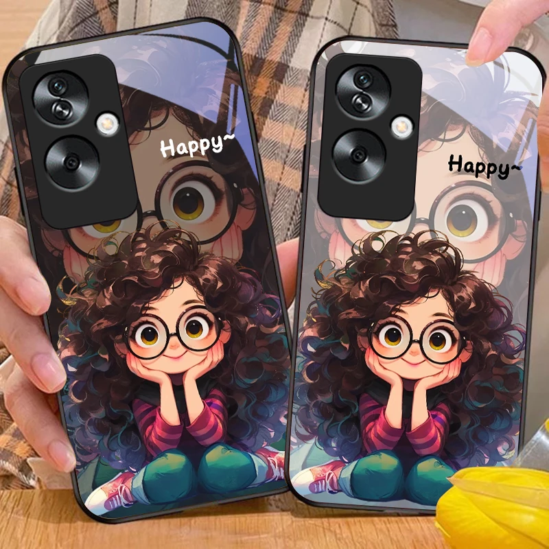 Curly haired girl For Oppo A79 5G 58 78 74 60 4G Reno 11F Realme GT 6 11 Note 50 10 C55 X2 Tempered glass black phone case