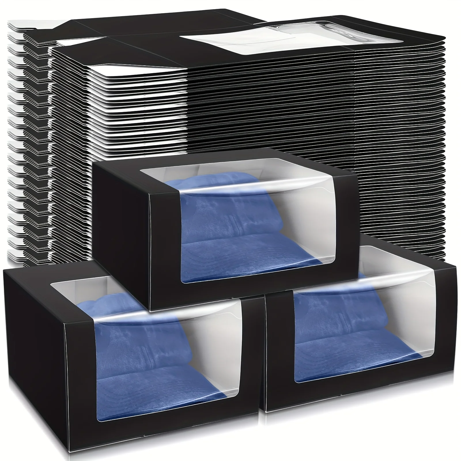 

Set of 50 Black Gift Boxes with a Clear Window, Designed for Baseball Caps, Measuring 7.6" X 7.6" X 4.7". These Paper Boxes Serve As Organizers for Hats, Perfect for Packing, Storing, And Displaying