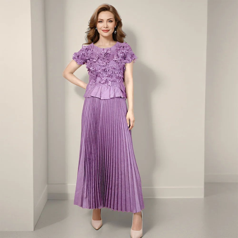 Setelan Kasual Perancis untuk Wanita dengan Desain Ceruk, Atasan Lengan Pendek Bunga Buatan Tangan, Rok Setengah, Set Dua Potong Wanita 2025