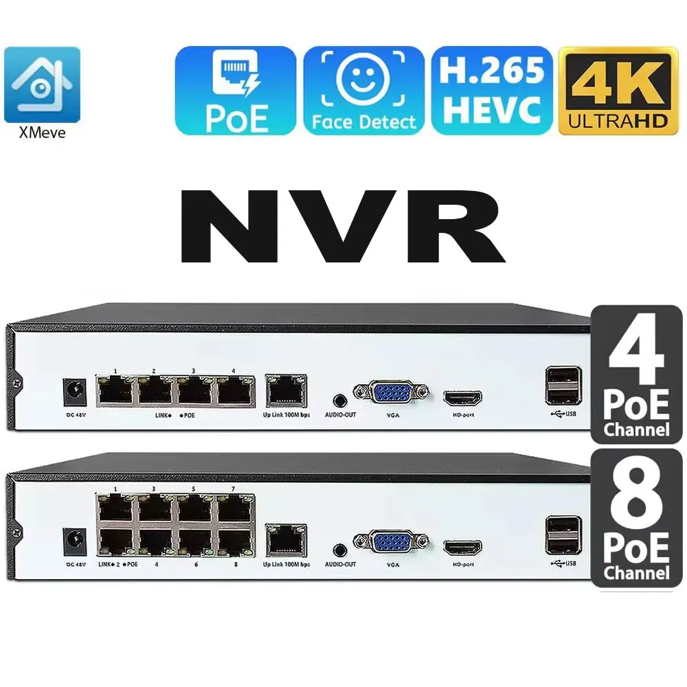 4CH 8CH 48v POE 4K NVR Onvif H.265 Audio Out Security Surveillance Network Video Recorder For 4K 8MP 4MP 5MP 1080P POE IP Camera