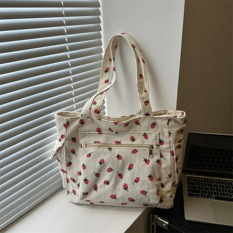 Corduroy bag casual large capacity portable strawberry printed shoulder tote bag